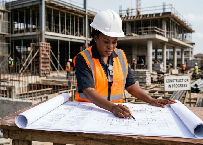 Engineer reviewing building plans in Epe