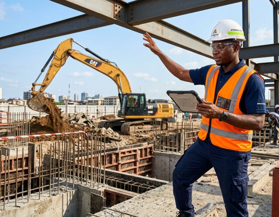 Engineer reviewing a building plan on site in Epe